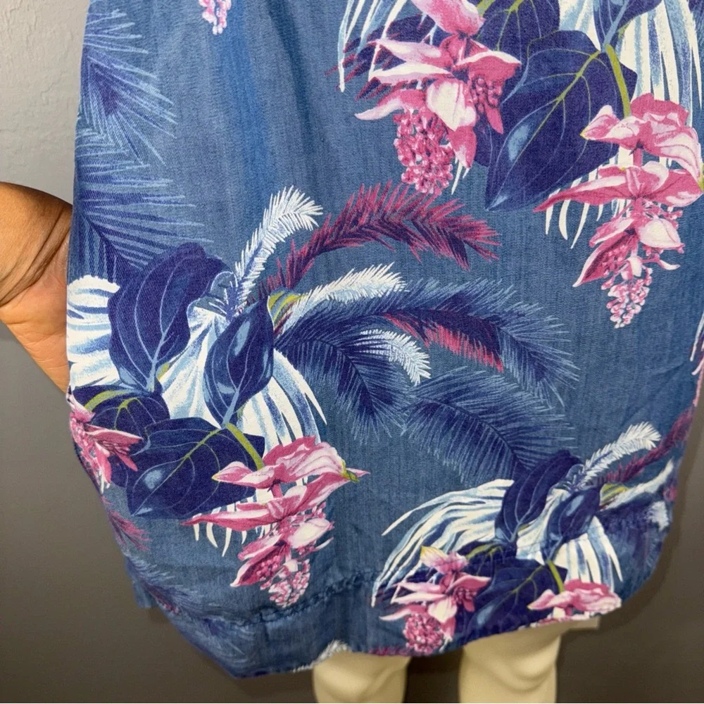 Tommy Bahama Dress Small Chambray Tropical Floral Print‎ Sleeveless with Pockets